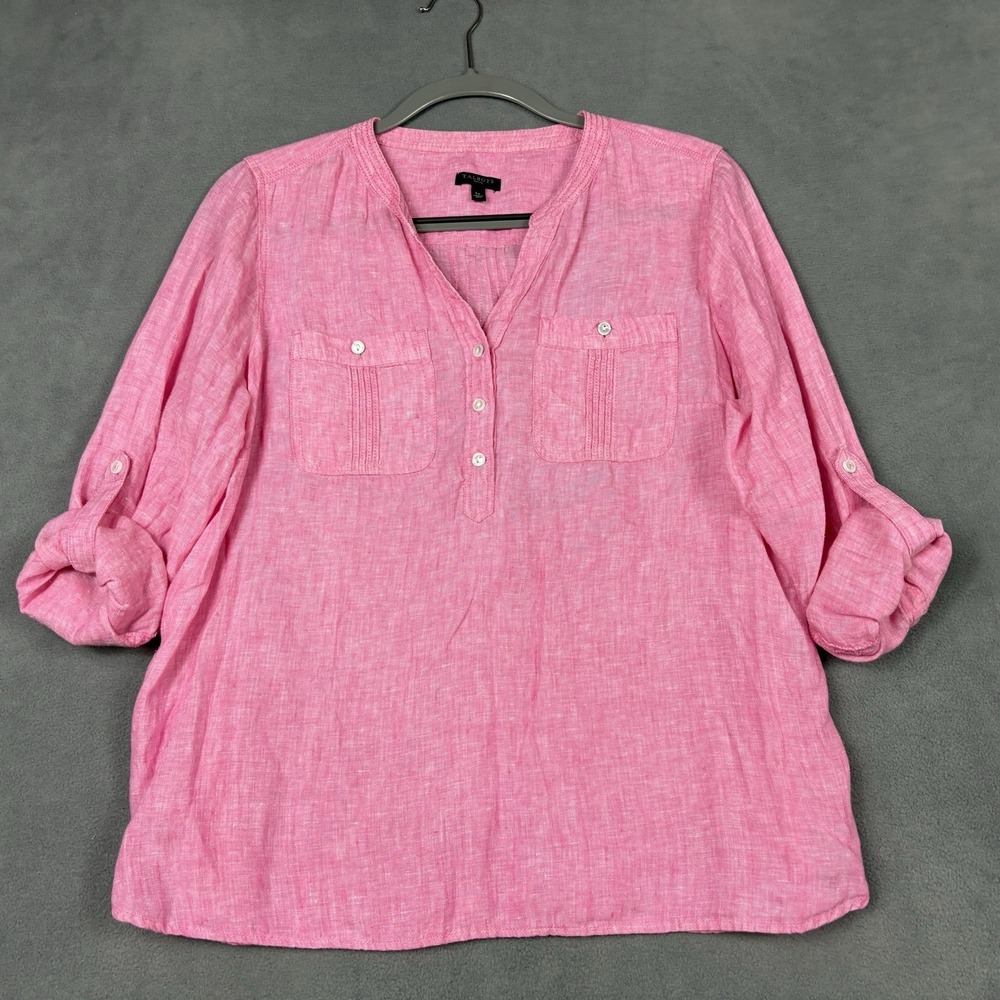 Talbots Size PL Large Petite Pink 100% Linen Popover Roll Tab Sleeve Pockets - Picture 4 of 9